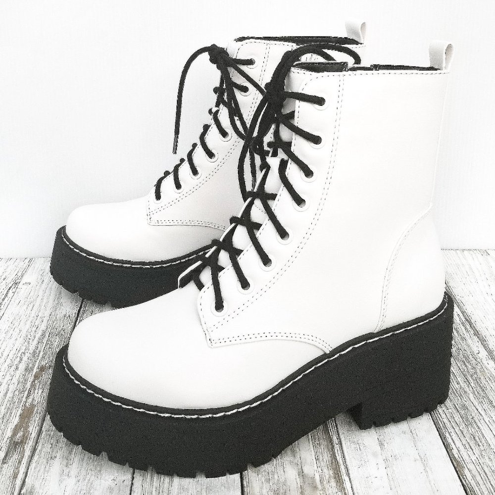 New Women White Lace Up Platform Combat Ankle Boots